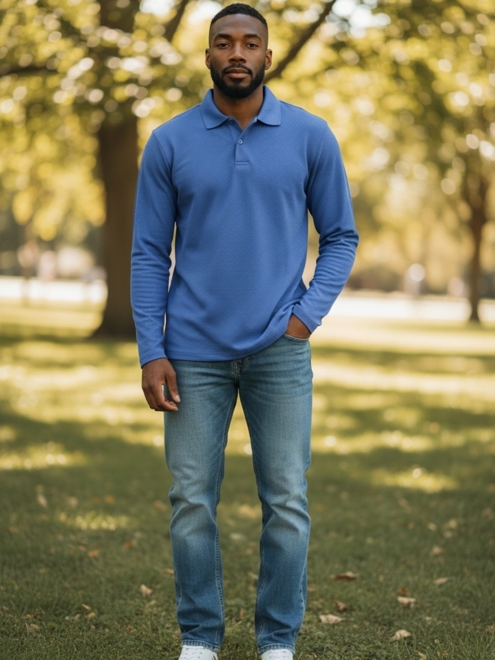 Van Heusen Traveler Long Sleeve Polo Shirt Blue Men's Large Textured Knit (EUC)